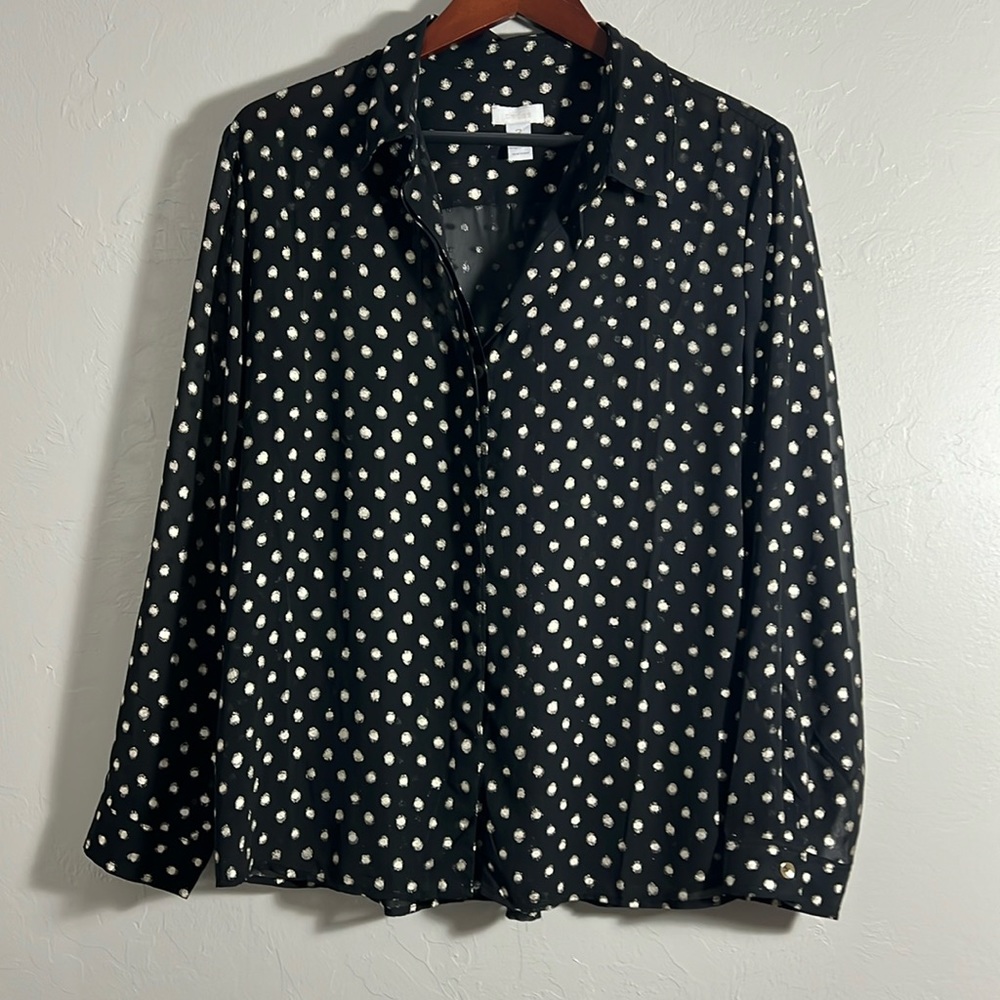 Chico's Black Button-Down Shirt with Cream Dot Print